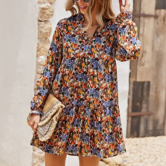 BellanBlue Dresses & Skirts - Boho Blue Orange Floral Print Ruffle Mini Dress